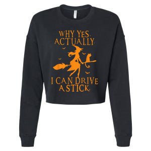 Why Yes Actually I Can Drive A Stick Halloween Witch & Cat Cropped Pullover Crew