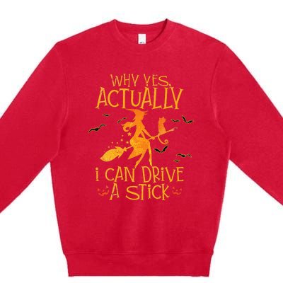 Why Yes Actually I Can Drive A Stick Halloween Witch Broom Premium Crewneck Sweatshirt