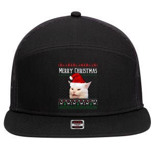 Woman Yelling at a Smudge Cat Ugly Christmas Sweater Meme  7 Panel Mesh Trucker Snapback Hat