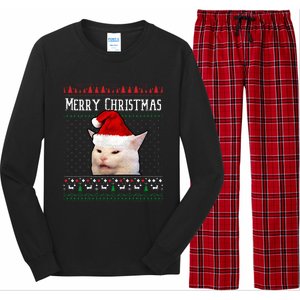 Woman Yelling at a Smudge Cat Ugly Christmas Sweater Meme  Long Sleeve Pajama Set