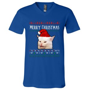 Woman Yelling at a Smudge Cat Ugly Christmas Sweater Meme  V-Neck T-Shirt