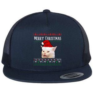 Woman Yelling at a Smudge Cat Ugly Christmas Sweater Meme  Flat Bill Trucker Hat