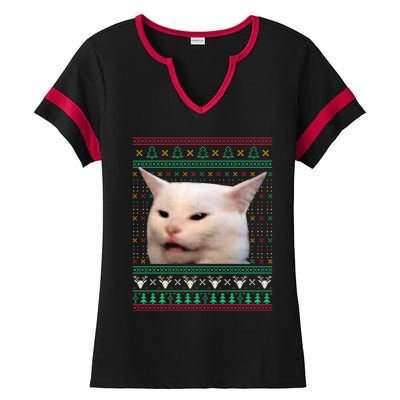 Woman Yelling At A Cat Ugly Xmas Sweaters Funny Meme Dress Ladies Halftime Notch Neck Tee