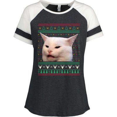 Woman Yelling At A Cat Ugly Xmas Sweaters Funny Meme Dress Enza Ladies Jersey Colorblock Tee