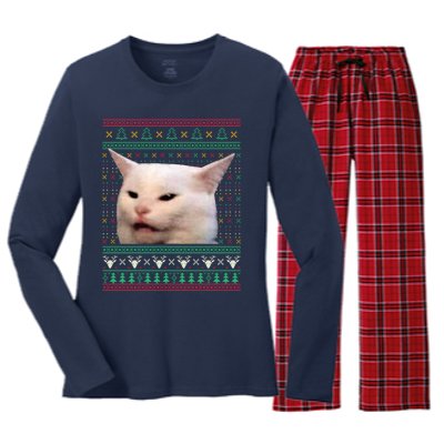 Woman Yelling At A Cat Ugly Xmas Sweaters Funny Meme Dress Women's Long Sleeve Flannel Pajama Set 