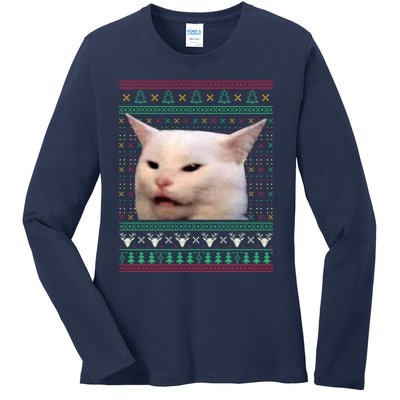 Woman Yelling At A Cat Ugly Xmas Sweaters Funny Meme Dress Ladies Long Sleeve Shirt