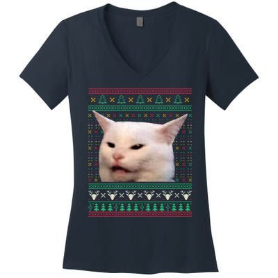 Woman Yelling At A Cat Ugly Xmas Sweaters Funny Meme Dress Women's V-Neck T-Shirt