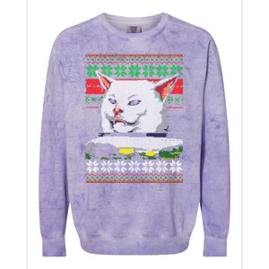 Woman Yelling At A Cat Ugly Christmas Sweater Meme Design Colorblast Crewneck Sweatshirt