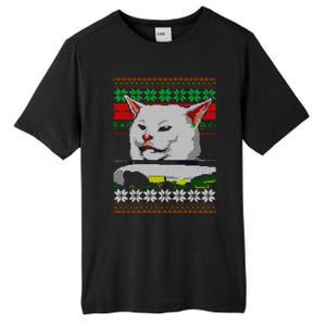 Woman Yelling At A Cat Ugly Christmas Sweater Meme Design Tall Fusion ChromaSoft Performance T-Shirt