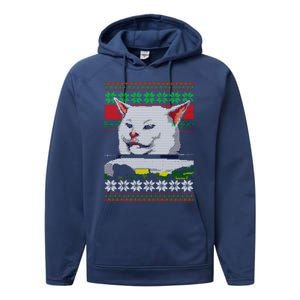 Woman Yelling At A Cat Ugly Christmas Sweater Meme Design Performance Fleece Hoodie