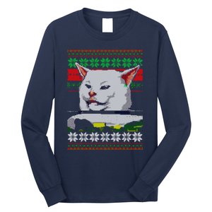 Woman Yelling At A Cat Ugly Christmas Sweater Meme Design Long Sleeve Shirt