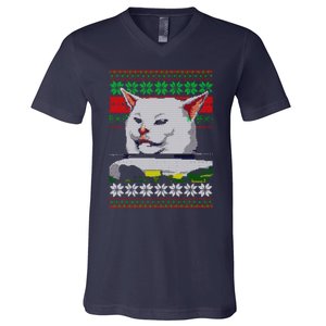 Woman Yelling At A Cat Ugly Christmas Sweater Meme Design V-Neck T-Shirt