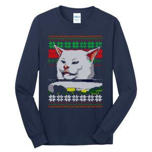 Woman Yelling At A Cat Ugly Christmas Sweater Meme Design Tall Long Sleeve T-Shirt