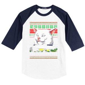 Woman Yelling At A Cat Ugly Christmas Sweater Meme Design Baseball Sleeve Shirt