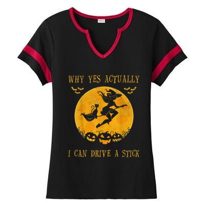 Why Yes Actually I Can Drive A Stick Halloween Witch & Cat Pumpkin Ladies Halftime Notch Neck Tee