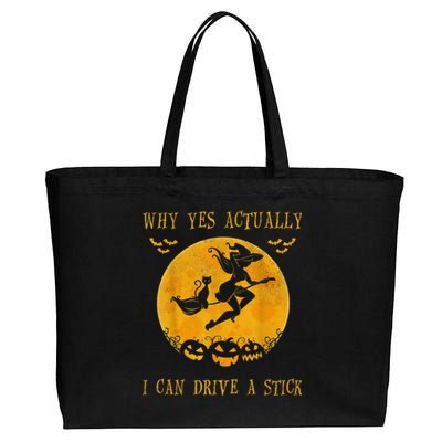 Why Yes Actually I Can Drive A Stick Halloween Witch & Cat Pumpkin Cotton Canvas Jumbo Tote