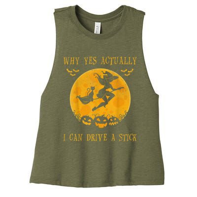 Why Yes Actually I Can Drive A Stick Halloween Witch & Cat Pumpkin Women's Racerback Cropped Tank