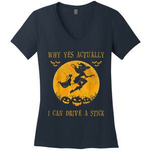 Why Yes Actually I Can Drive A Stick Halloween Witch & Cat Pumpkin Women's V-Neck T-Shirt