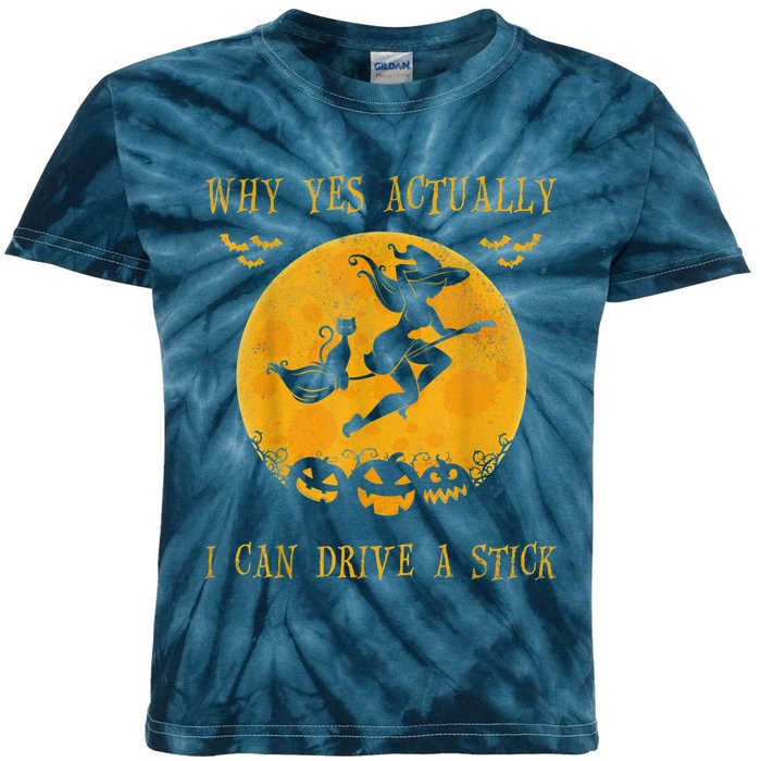 Why Yes Actually I Can Drive A Stick Halloween Witch & Cat Pumpkin Kids Tie-Dye T-Shirt