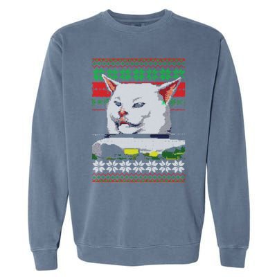 Wo Yelling At A Cat Ugly Christmas Sweater Meme Design Gift Garment-Dyed Sweatshirt