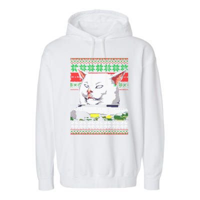 Wo Yelling At A Cat Ugly Christmas Sweater Meme Design Gift Garment-Dyed Fleece Hoodie