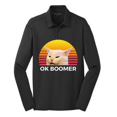 Woman Yelling At Table Dinner Funny Cat Ok Boomer Silk Touch Performance Long Sleeve Polo