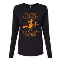 Why Yes Actually I Can Drive A Stick Halloween Witch & Cat Womens Cotton Relaxed Long Sleeve T-Shirt