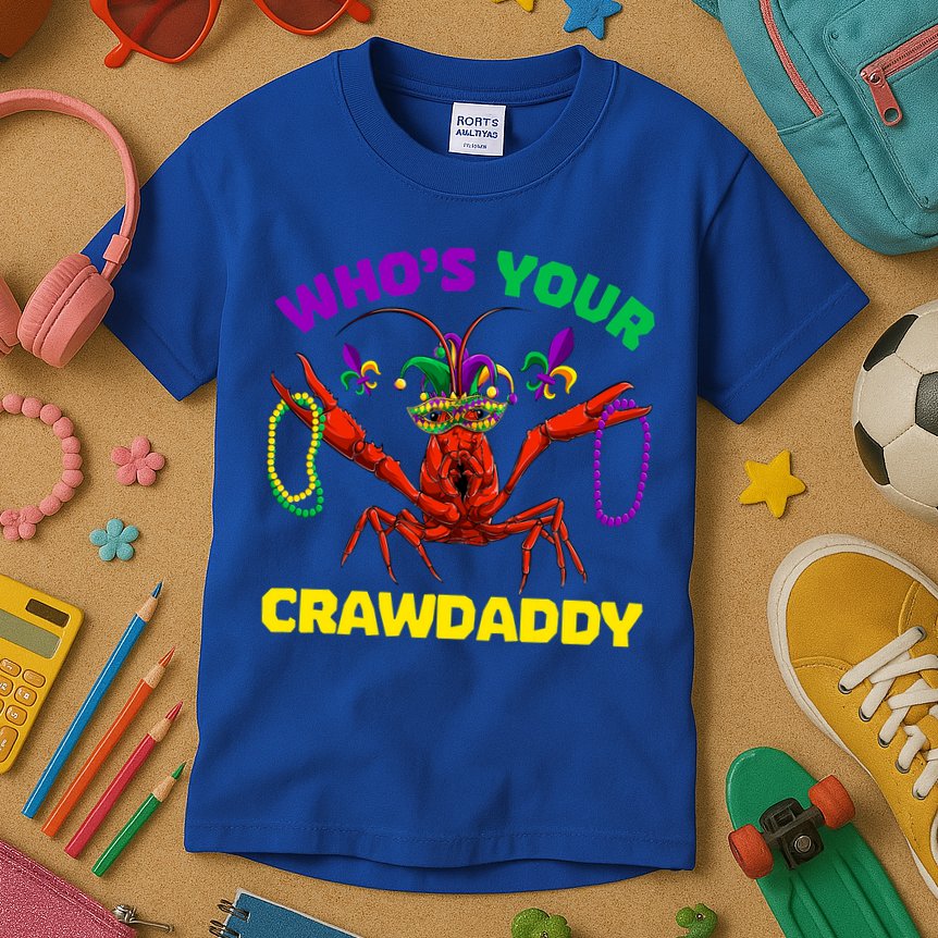 Whos Your Crawdaddy Crawfish Jester Beads Funny Mardi Gras Gift Kids T-Shirt