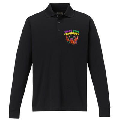 Who's Your Crawdaddy Crawfish Jester Beads Funny Mardi Gras Gift Performance Long Sleeve Polo