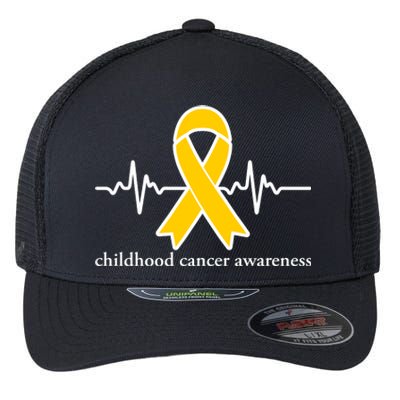 Wear Yellow Gold For Childhood Cancer Awareness Heart Beat Flexfit Unipanel Trucker Cap