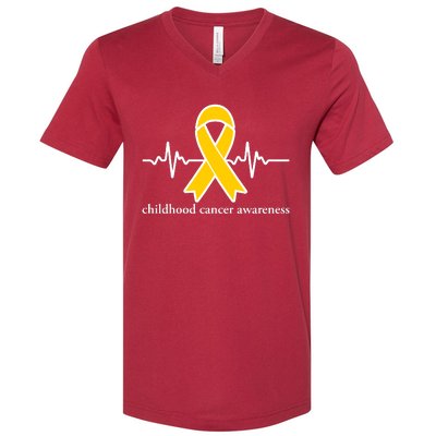 Wear Yellow Gold For Childhood Cancer Awareness Heart Beat V-Neck T-Shirt