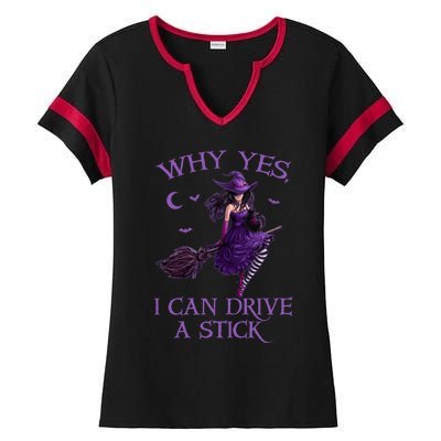 Why Yes I Can Drive A Stick Funny Halloween Witch Gift Ladies Halftime Notch Neck Tee