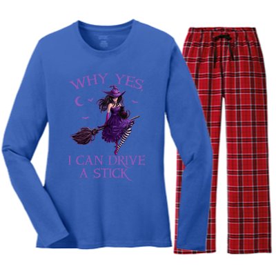 Why Yes I Can Drive A Stick Funny Halloween Witch Gift Women's Long Sleeve Flannel Pajama Set 