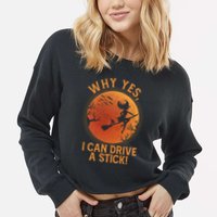 Why Yes I Can Drive A Stick Funny Halloween Witch Cropped Pullover Crew