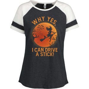 Why Yes I Can Drive A Stick Funny Halloween Witch Enza Ladies Jersey Colorblock Tee