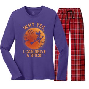 Why Yes I Can Drive A Stick Funny Halloween Witch Women's Long Sleeve Flannel Pajama Set 