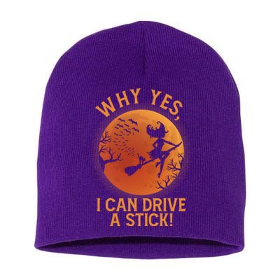 Why Yes I Can Drive A Stick Funny Halloween Witch Short Acrylic Beanie