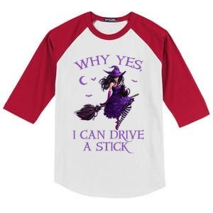 Why Yes I Can Drive A Stick Funny Halloween Witch Kids Colorblock Raglan Jersey