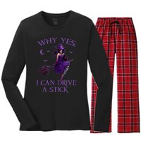 Why Yes I Can Drive A Stick Funny Halloween Witch Women Girl Women's Long Sleeve Flannel Pajama Set 