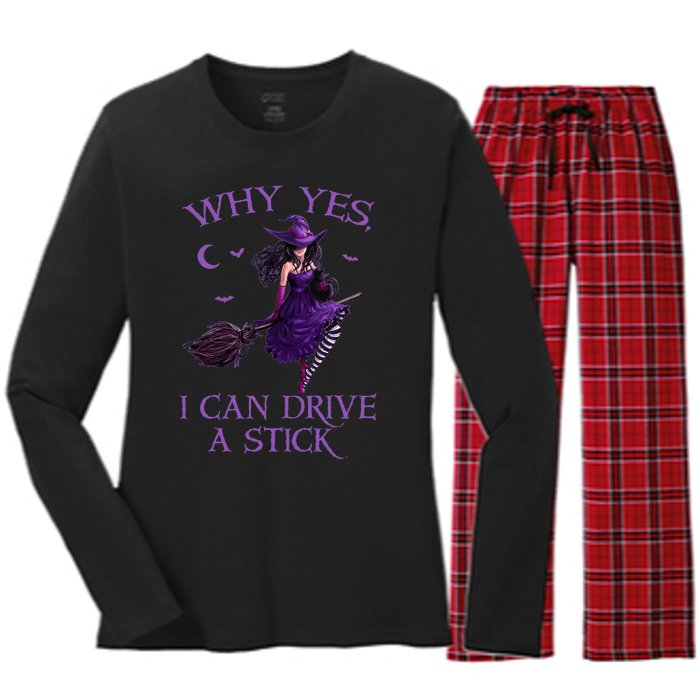 Why Yes I Can Drive A Stick Funny Halloween Witch Women Girl Women's Long Sleeve Flannel Pajama Set 