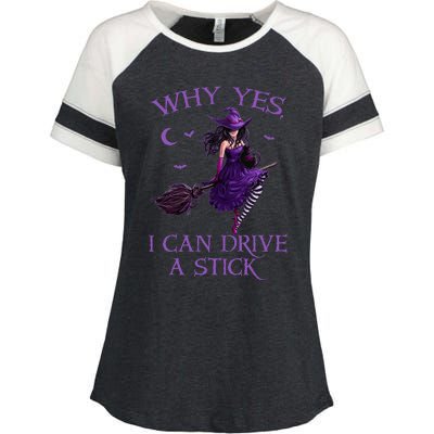 Why Yes I Can Drive A Stick Funny Halloween Witch Women Girl Enza Ladies Jersey Colorblock Tee