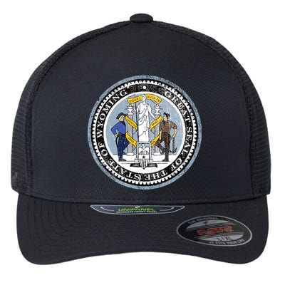 Wyoming Distressed State Seal Flexfit Unipanel Trucker Cap