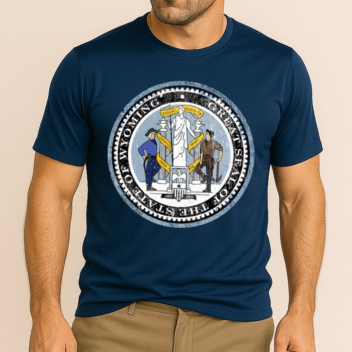 Wyoming Distressed State Seal Cooling Performance Crew T-Shirt