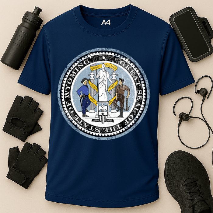 Wyoming Distressed State Seal Cooling Performance Crew T-Shirt