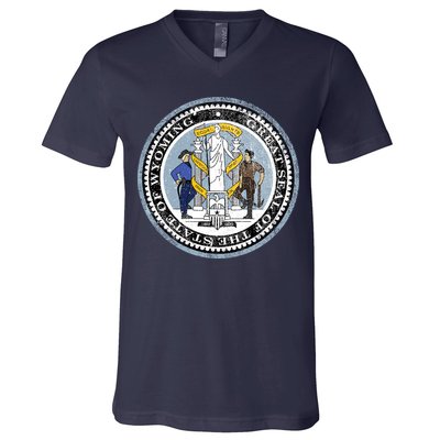 Wyoming Distressed State Seal V-Neck T-Shirt