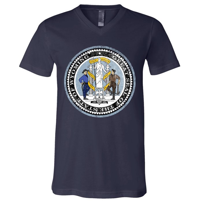 Wyoming Distressed State Seal V-Neck T-Shirt