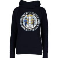 Wyoming Distressed State Seal Womens Funnel Neck Pullover Hood