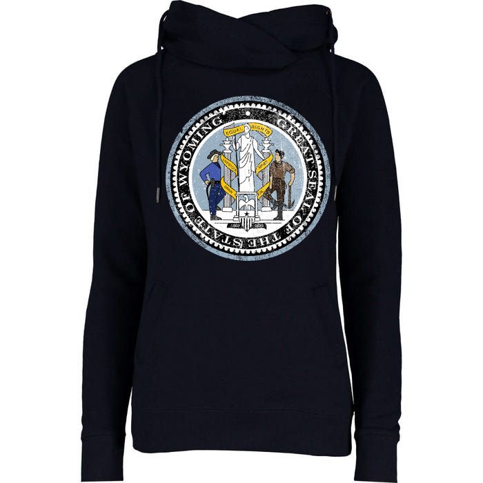 Wyoming Distressed State Seal Womens Funnel Neck Pullover Hood