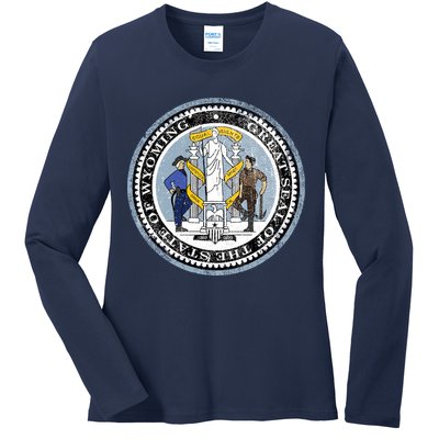 Wyoming Distressed State Seal Ladies Long Sleeve Shirt