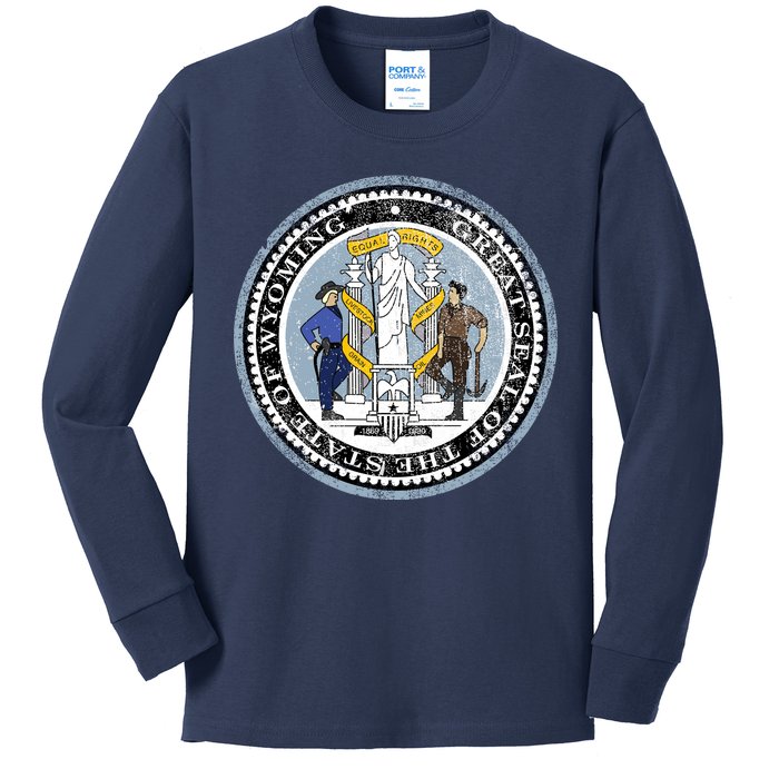 Wyoming Distressed State Seal Kids Long Sleeve Shirt